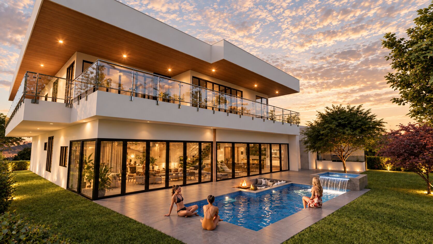 Render de la terraza y piscina · Casa entre montañas