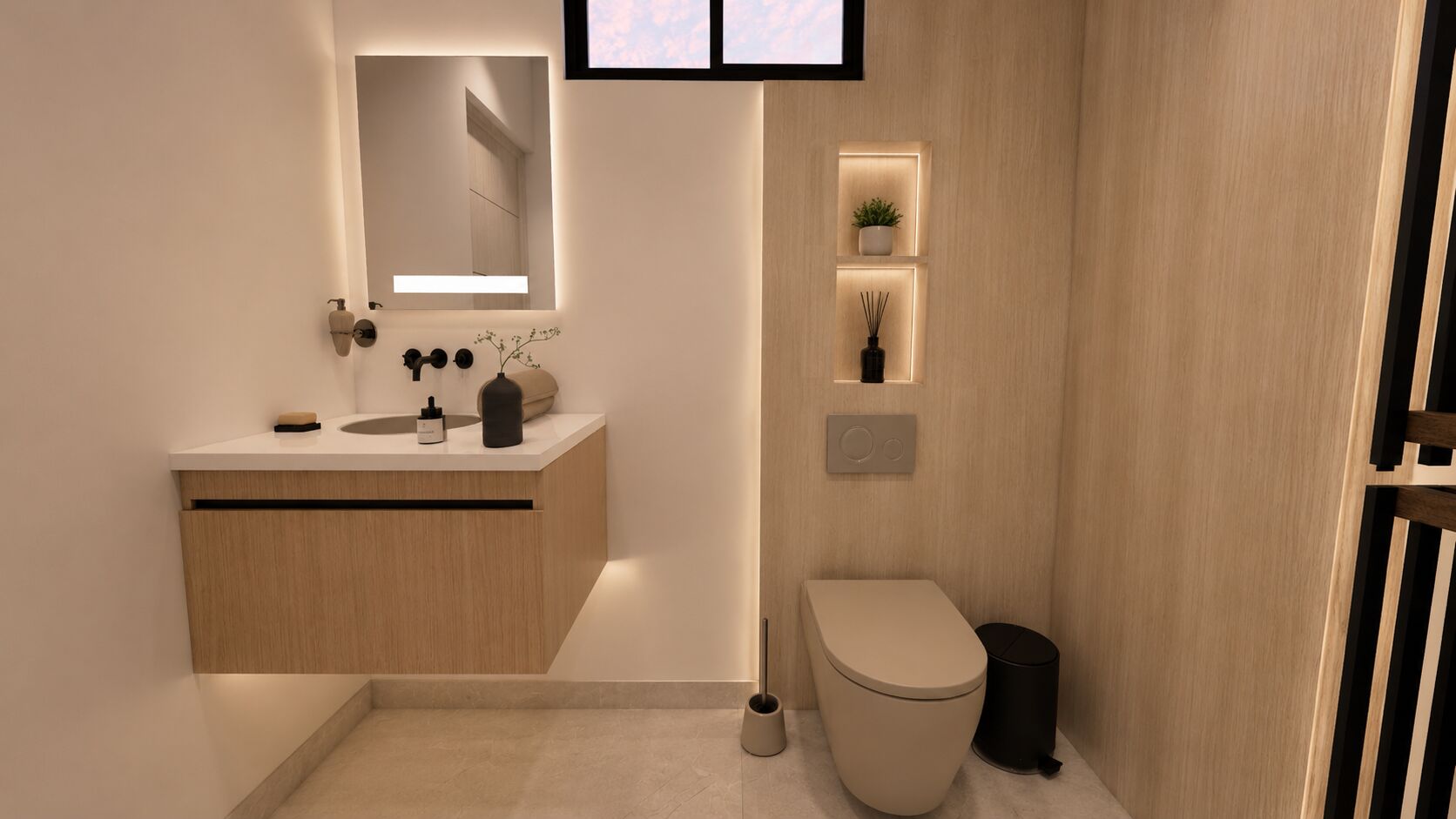 Render de baño · Casa entre montañas
