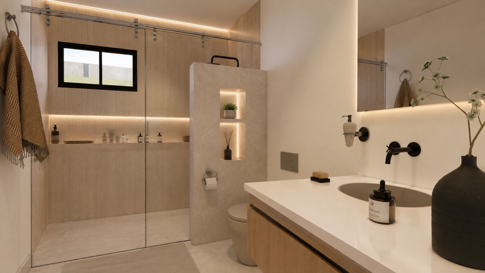 Render de baño principal · Casa entre montañas