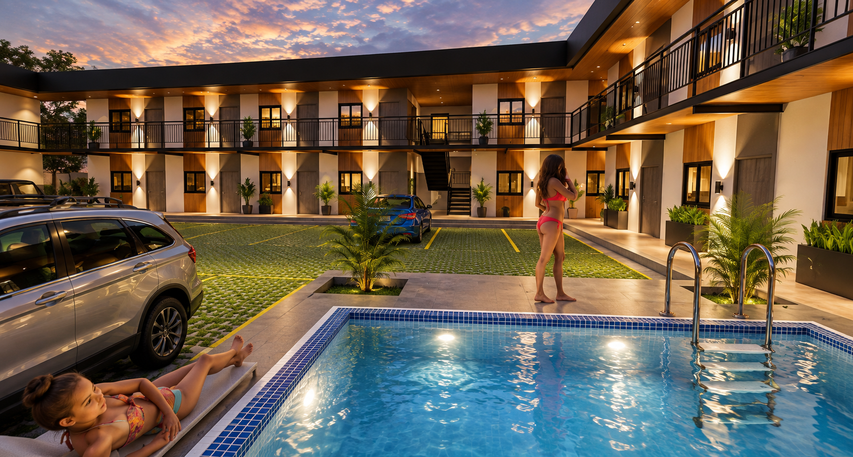 Render del patio central · Hotel Mario Biker